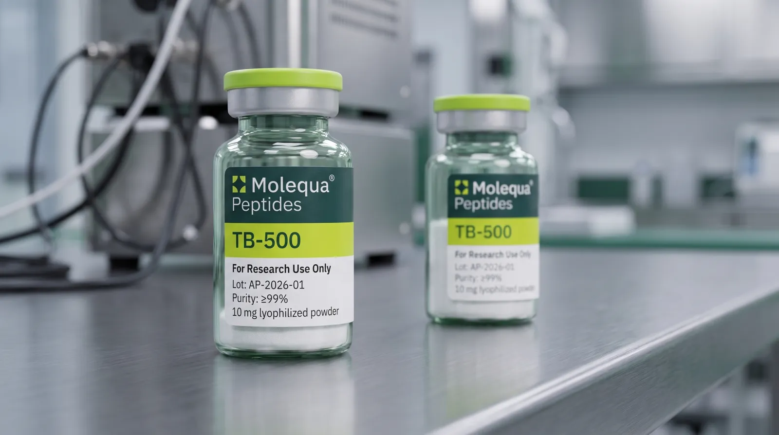 Dos viales de péptidos de investigación TB-500 sobre un banco de acero en un laboratorio