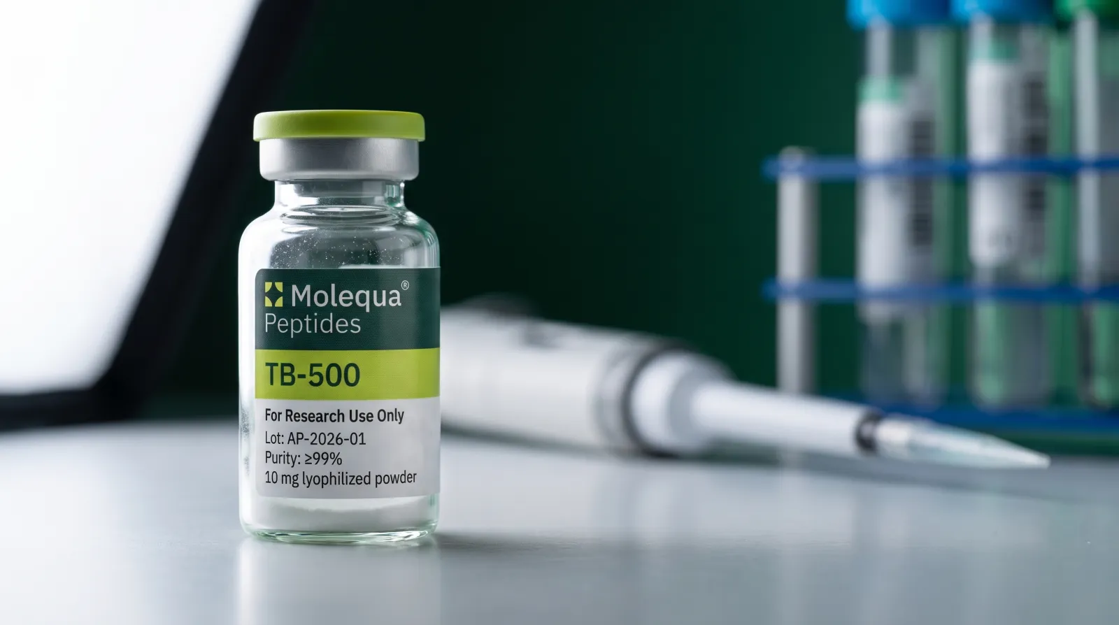 Primer plano en contrapicado de un vial de TB-500 con pipeta y gradilla de laboratorio