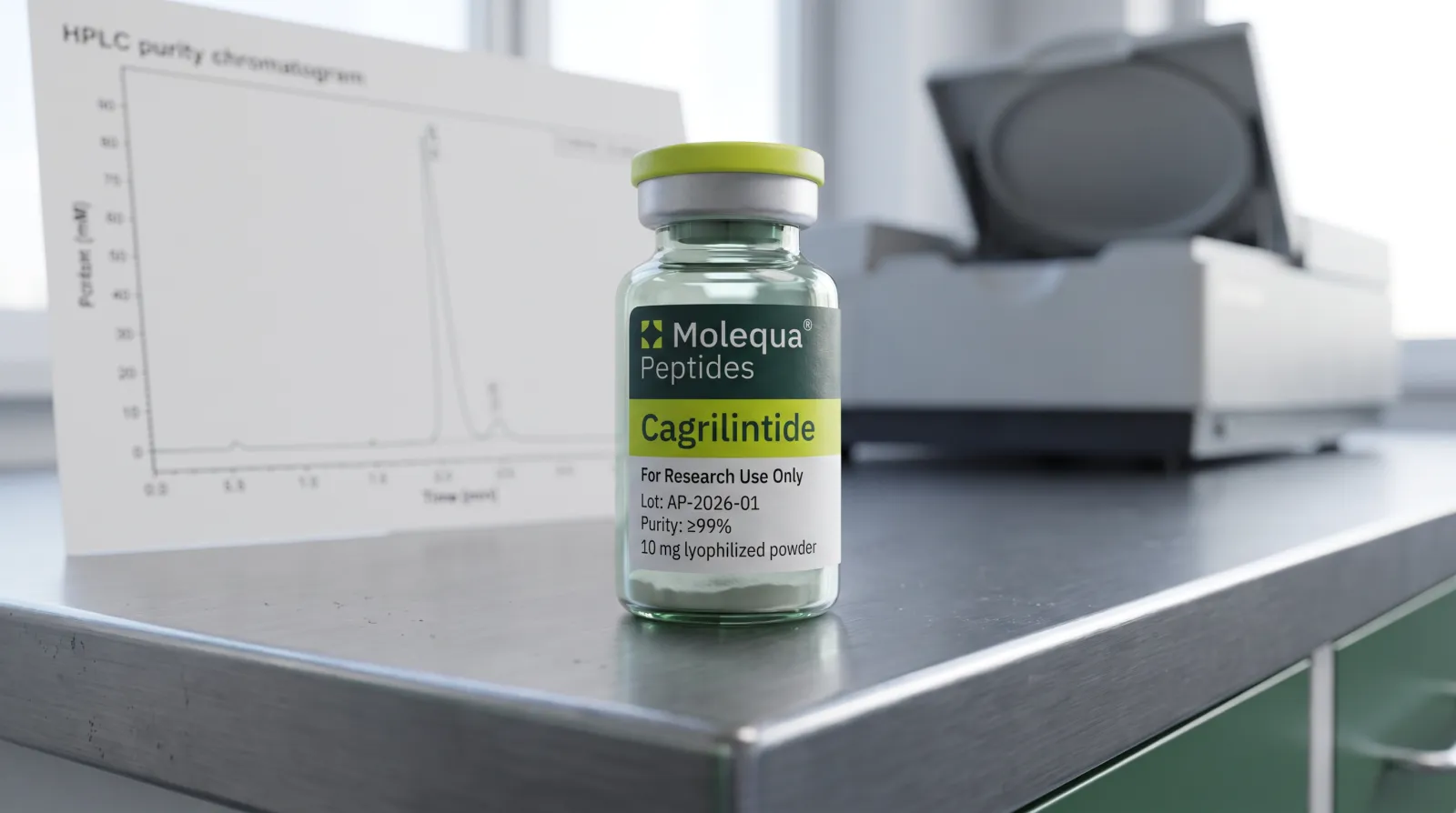 Molequa cagrilintide injekciós üveg laboratóriumi padon, mögötte a tétel HPLC tisztasági kromatogramja