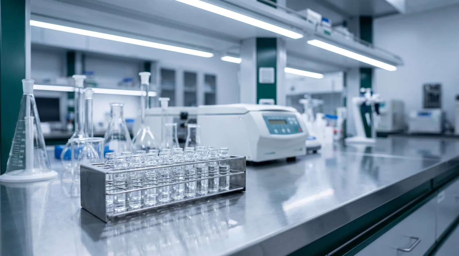 Modern endocrinology research laboratory bench with sample vials prepared for a CJC-1295 and ipamorelin study