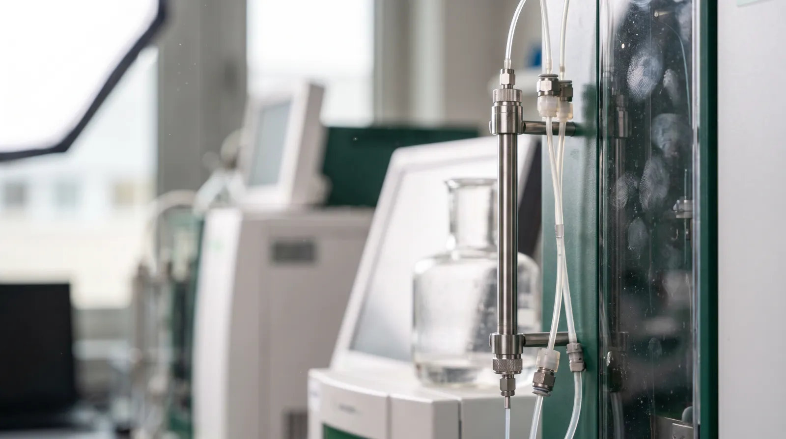 Instrumento de cromatografía líquida de alta resolución HPLC usado para medir la pureza de los péptidos