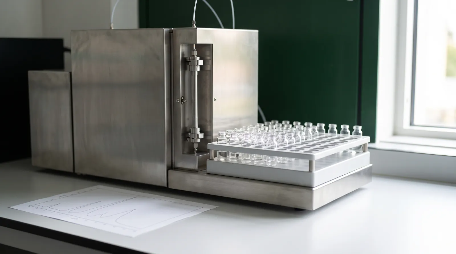 Autosampler mit Probenvials und ausgedruckten Messkurven auf einer Laborbank am Fenster