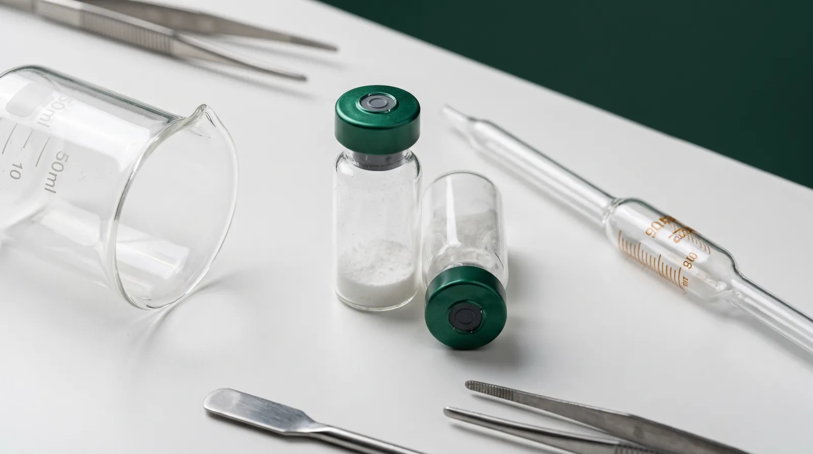 Zwei Vials mit grünem Verschluss und weißem Pulver neben Becherglas, Pipette und Pinzetten auf weißem Tisch