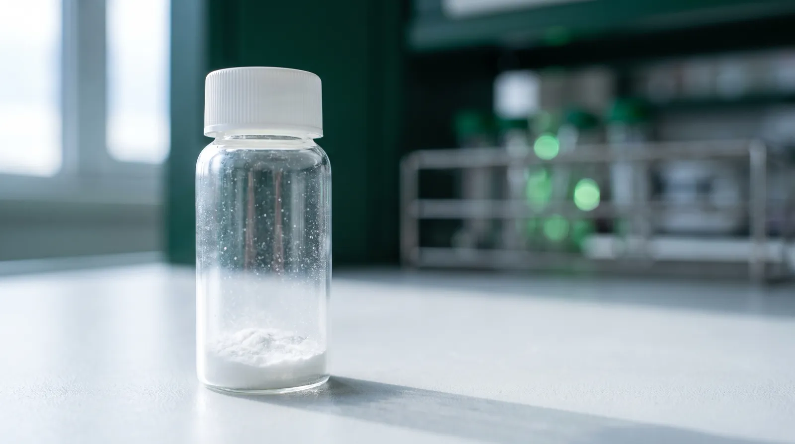 Flaconcino di vetro con un sottile strato di polvere bianca liofilizzata sul fondo, su un banco di laboratorio con sfondo verde