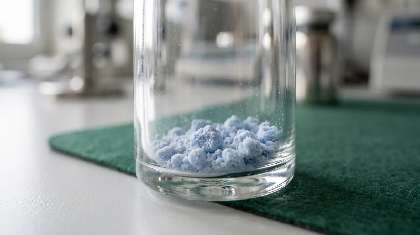 Blauw gelyofiliseerd GHK copper peptide poeder op de bodem van een glazen onderzoeksflacon in het laboratorium