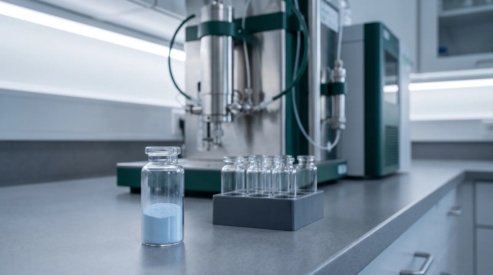 Analytisch laboratorium tijdens de kwaliteitscontrole van een GHK copper peptide batch voor de vrijgave