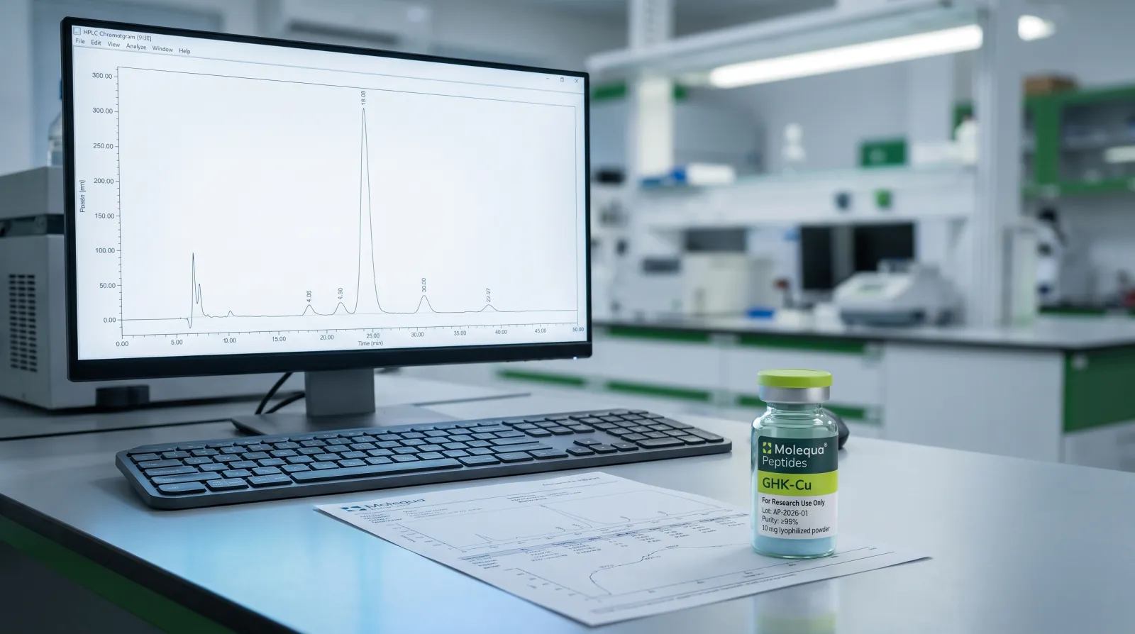 HPLC-Chromatogramm auf einem Laborbildschirm neben einer GHK-Cu Vial bei der Reinheitsprüfung einer Charge