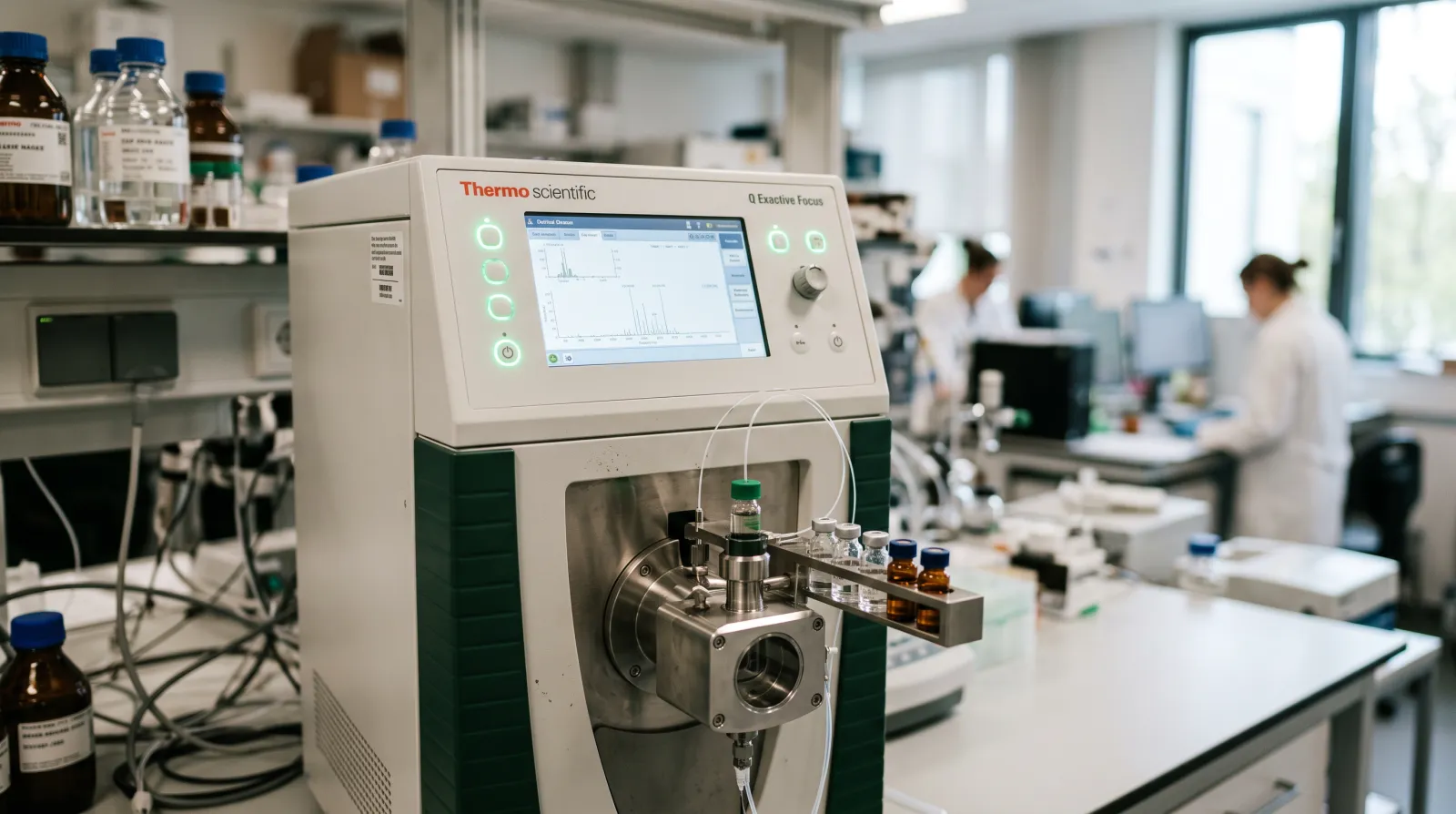 Mass spectrometer in a research laboratory, the instrument that confirms peptide identity on a certificate