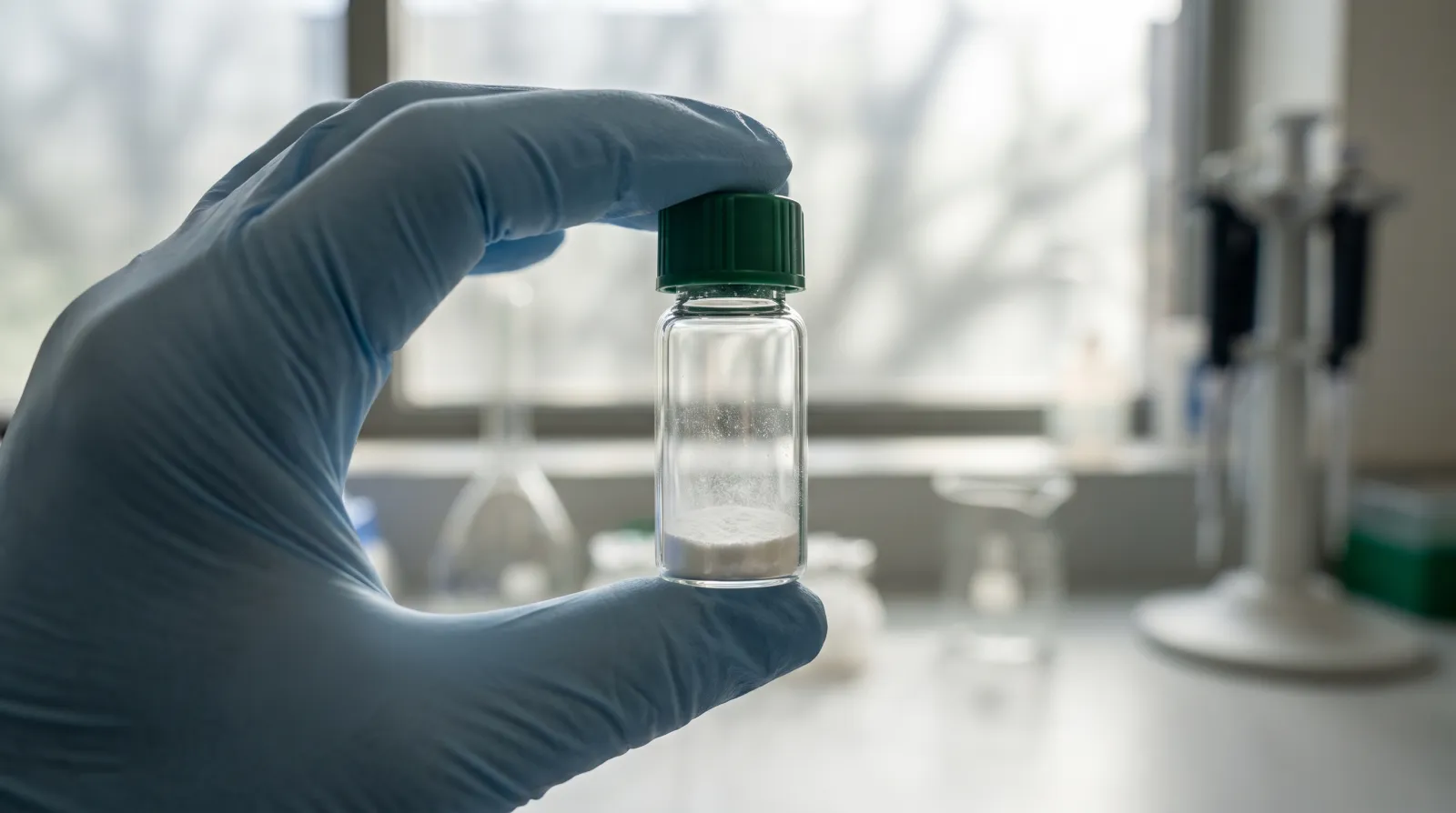 Gloved hand holding a research peptide vial with lyophilised powder against laboratory window light