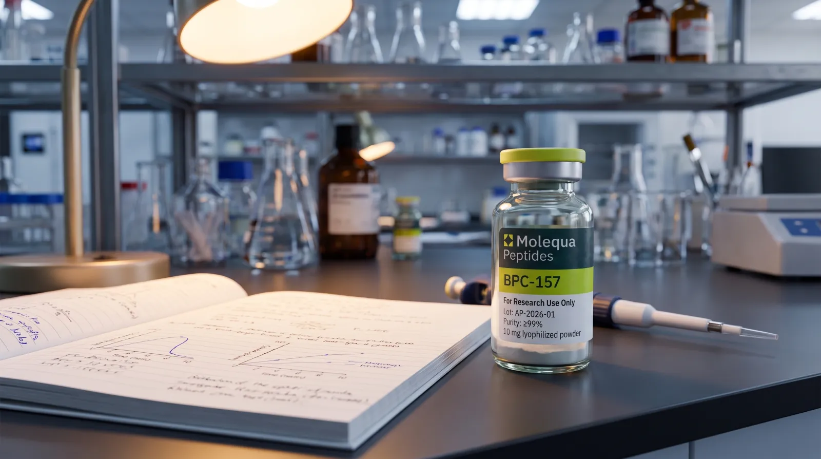 Vialka s peptidem BPC-157 na laboratorním stole vedle výzkumného sešitu s grafy a pipety