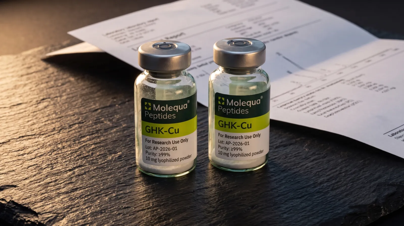 Dvě vialky měděného peptidu GHK-Cu na břidlici před rozostřeným laboratorním protokolem
