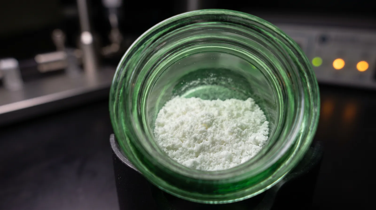 Detailaufnahme von weißem lyophilisiertem Melanotan 2 Pulver am Boden eines Forschungsvials im Labor