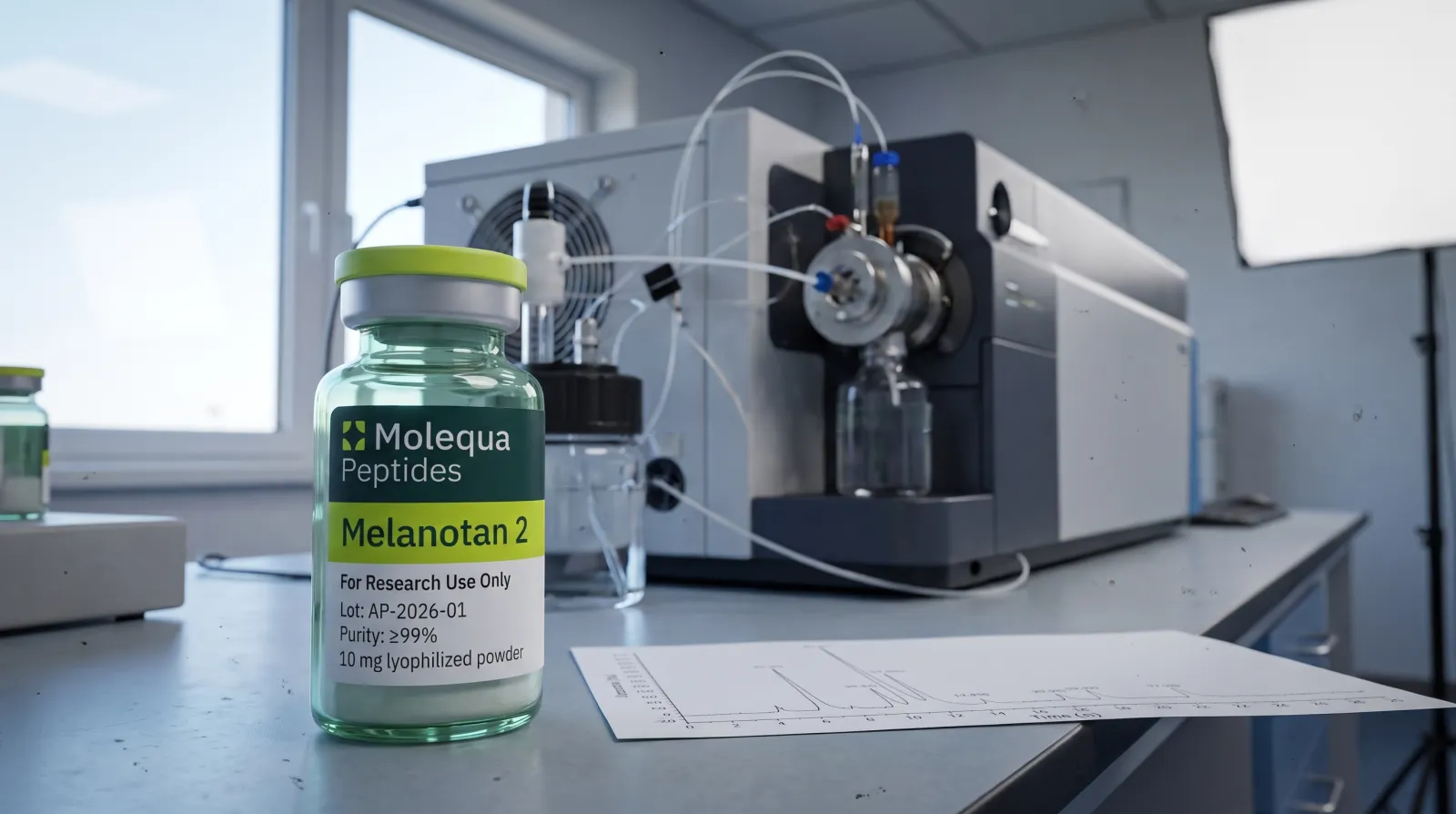 Melanotan 2 research vial from Molequa in front of a benchtop LC-MS mass spectrometer with a printed chromatogram