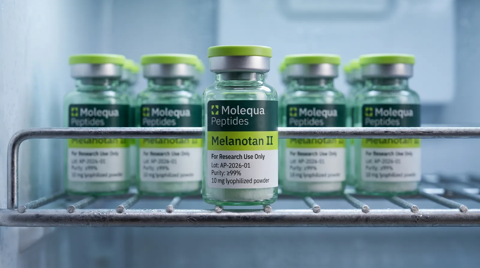 Chilled laboratory storage rack of Molequa Melanotan 2 research vials with condensation on the cold metal shelf