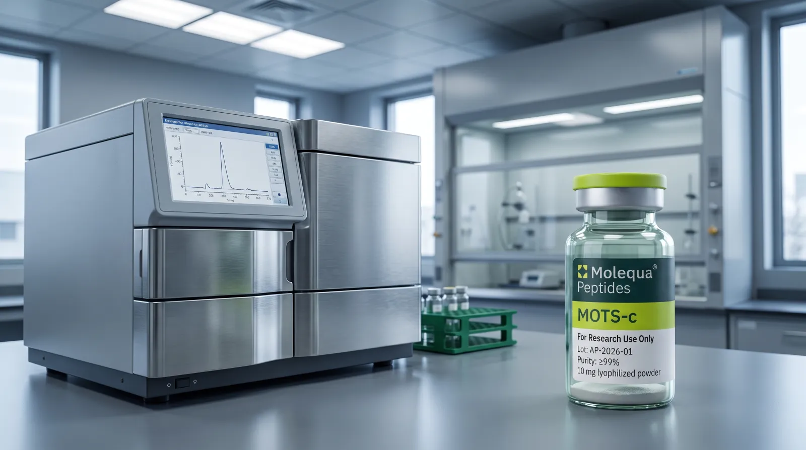 HPLC analytický prístroj vo výskumnom laboratóriu s vialkou peptidu MOTS-c v popredí na pracovnom pulte