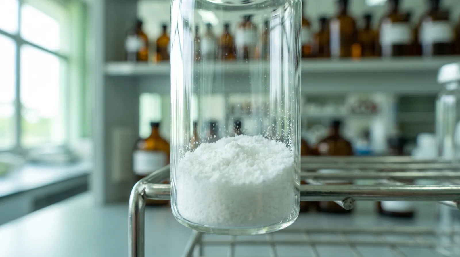 Fine white lyophilized MOTS-c peptide powder at the bottom of a glass research vial in a laboratory