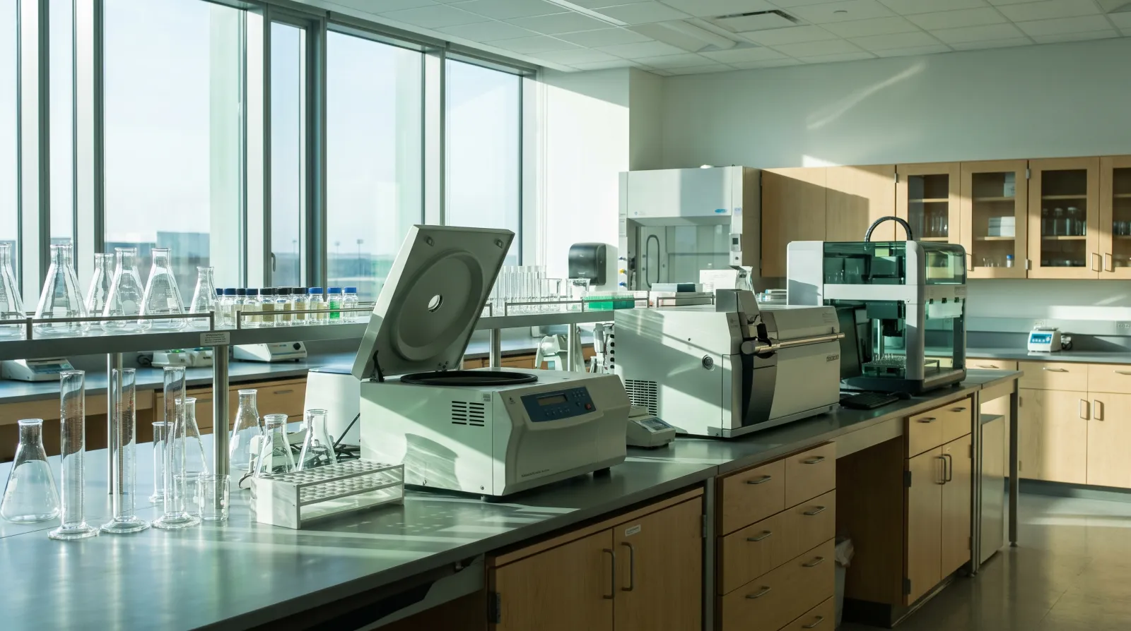 Modern research laboratory bench with analytical instruments used for peptide quality control