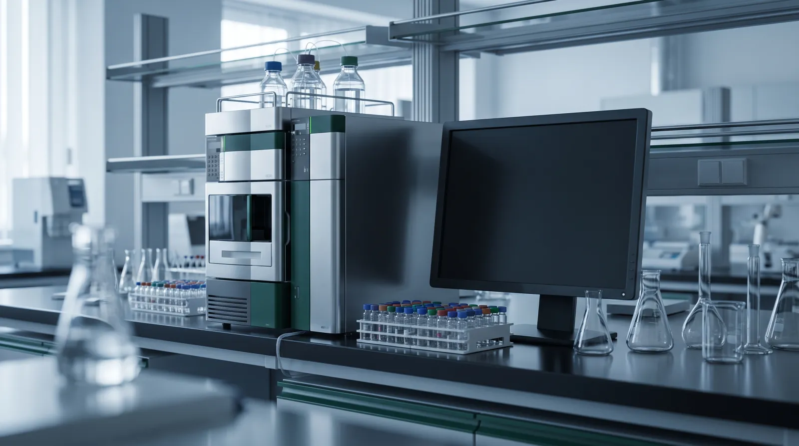 HPLC Anlage bei der Analyse von NAD+ Proben in einem unabhängigen Forschungslabor zur Qualitätskontrolle