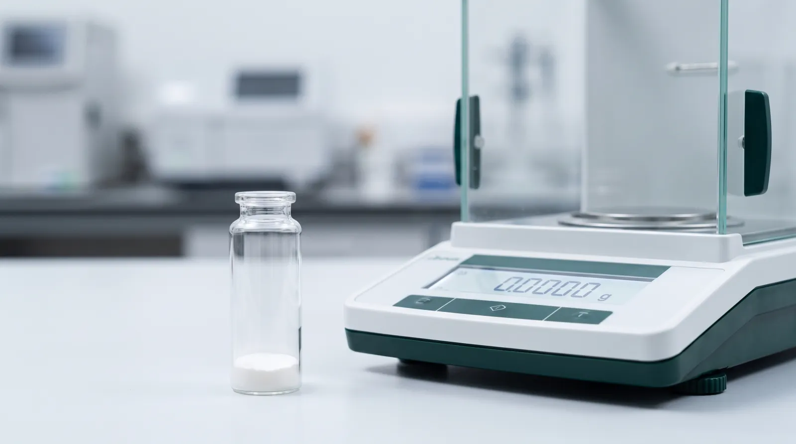 Weißes lyophilisiertes NAD+ Pulver am Boden eines Glasvials neben einer Laborwaage im Forschungslabor