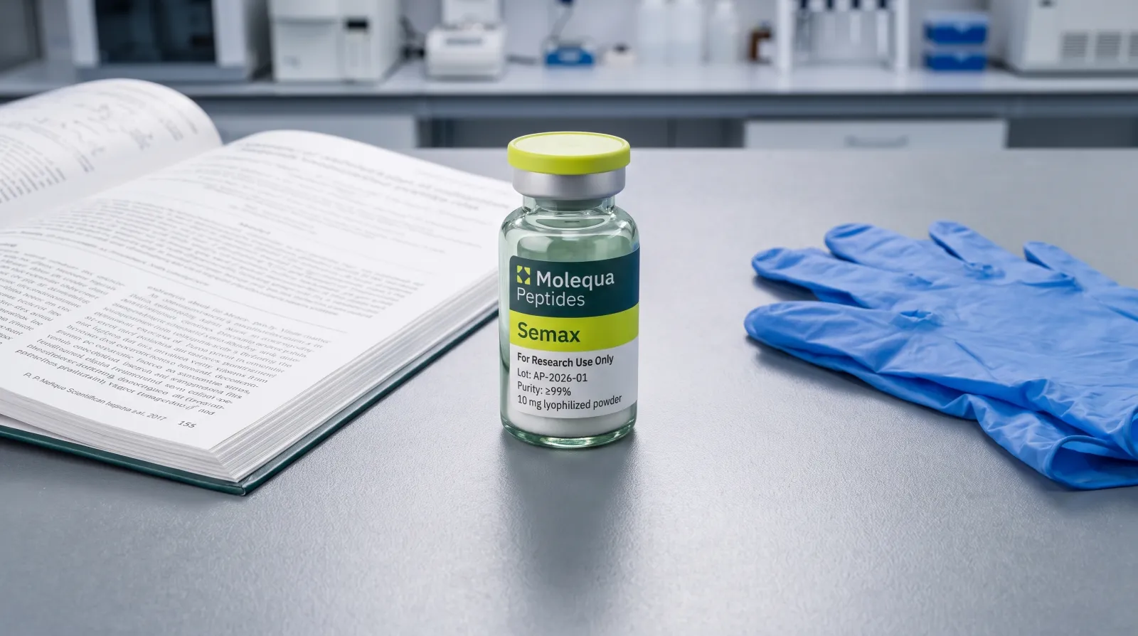 Flacon Semax onderzoekspeptide op een labbank naast een open wetenschappelijk tijdschrift