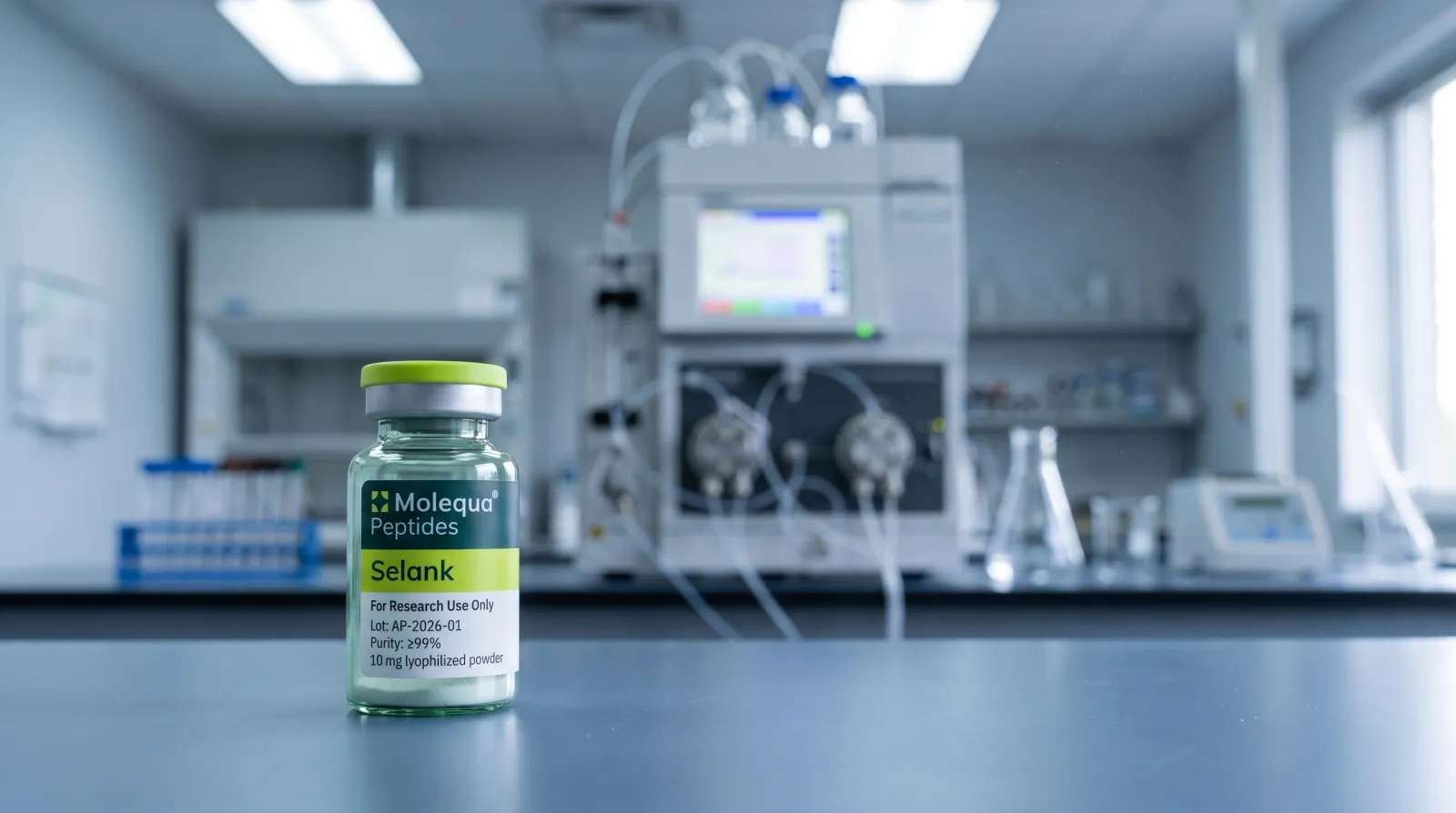 Cromatograf HPLC în laborator, analiza purității unei peptide nootropice de cercetare pe lot
