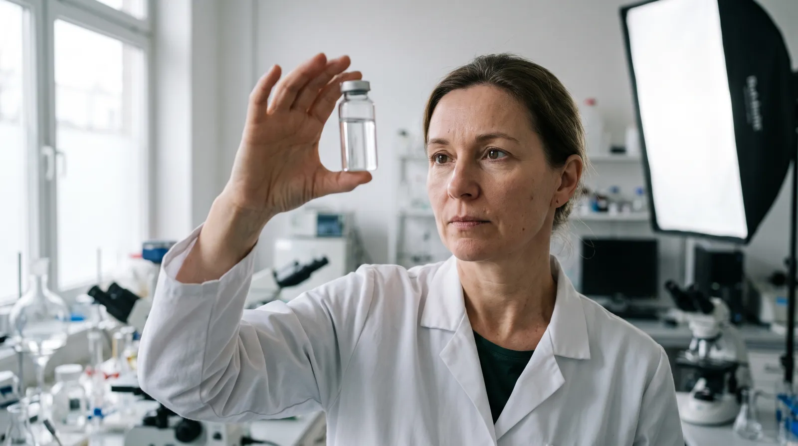 Výzkumnice v laboratorním plášti prohlíží vialku s lyofilizovaným peptidem