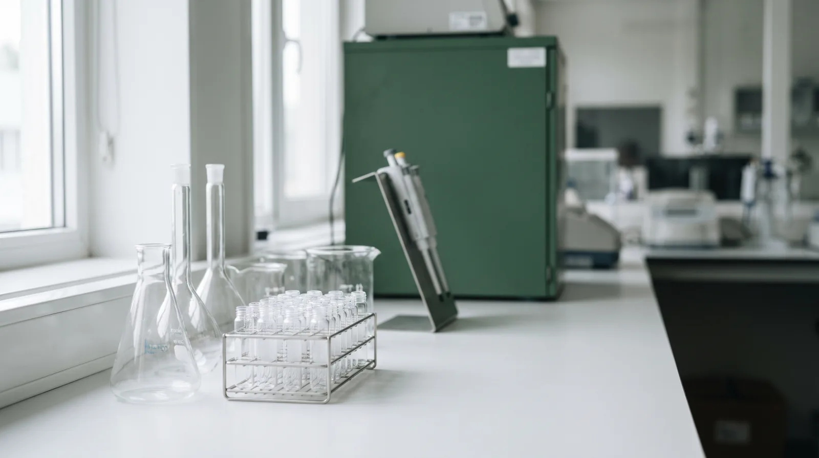 Weiße Laborbank mit Borosilikatglas, einem Ständer unbeschrifteter Vials und einer Mikropipette, Geräte unscharf im Hintergrund