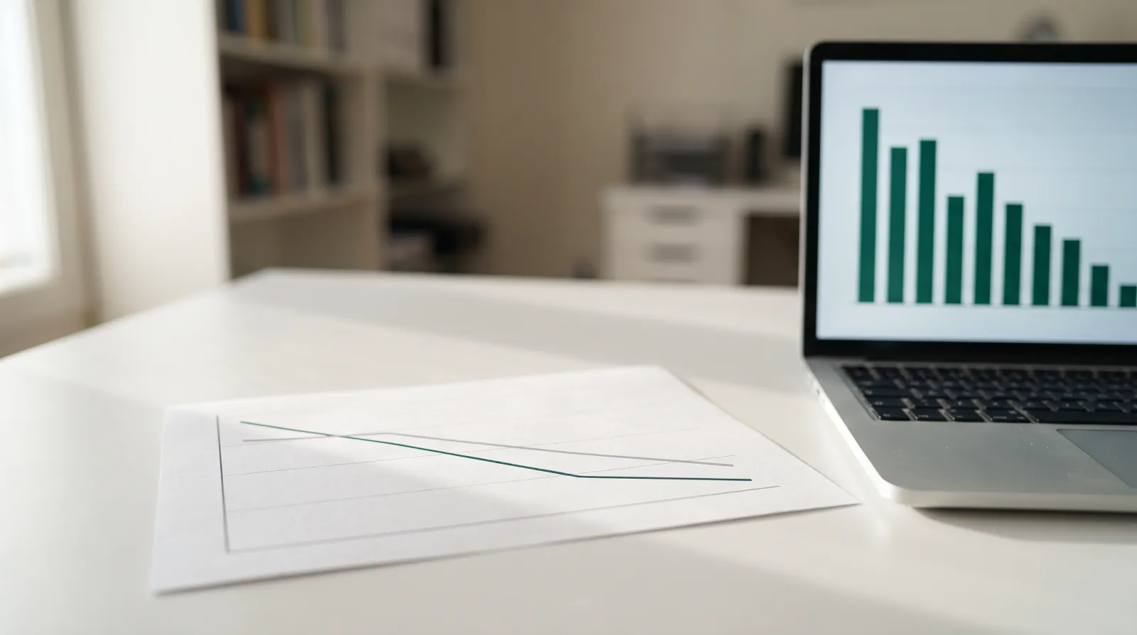 Ausgedrucktes Liniendiagramm auf einem Schreibtisch, daneben ein Laptop mit grünem Balkendiagramm