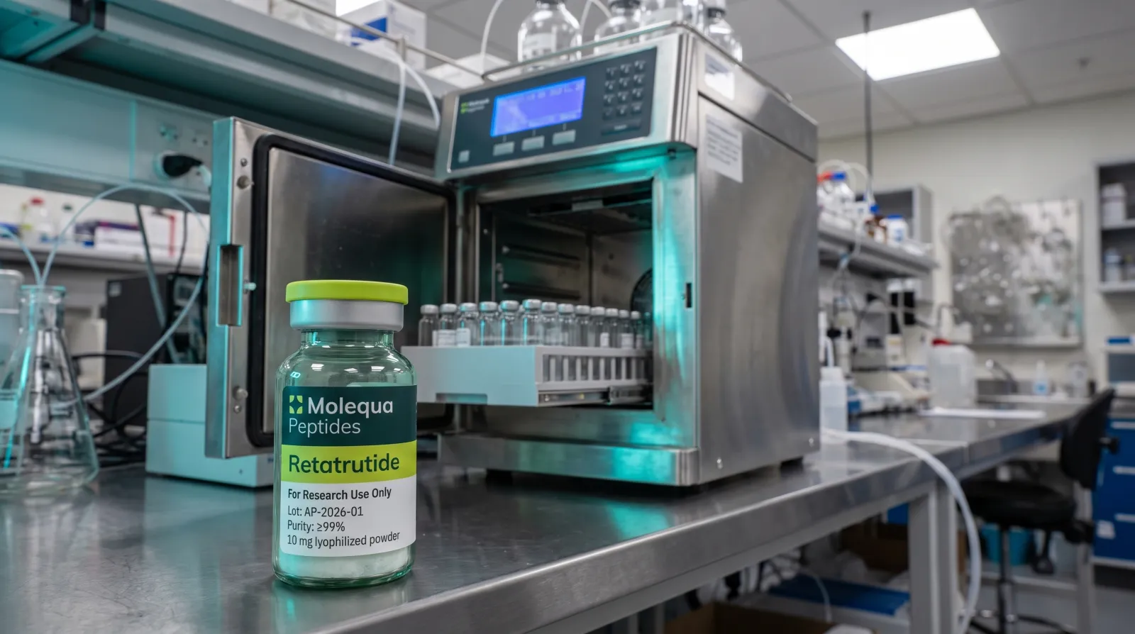 Instrumento de HPLC num laboratório analítico independente com um frasco de retatrutida em primeiro plano