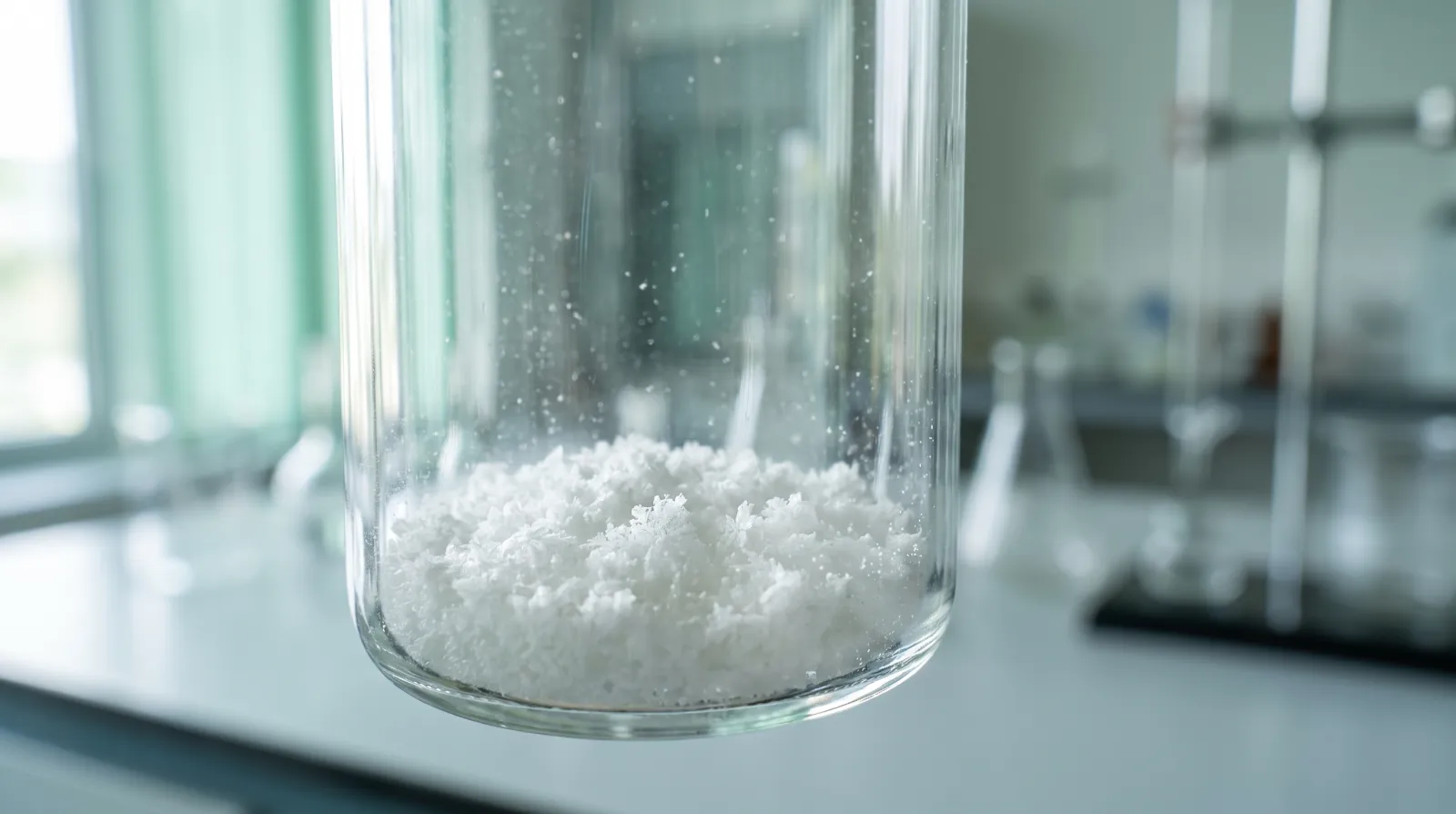 Biely lyofilizovaný retatrutide na dne sklenenej výskumnej vialky pred rekonštitúciou v laboratóriu