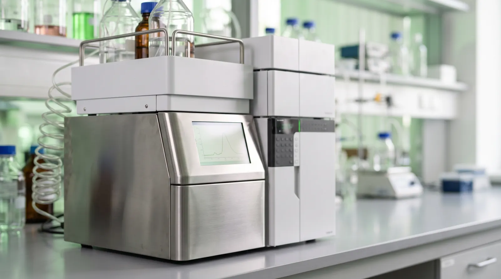 HPLC prístroj počas analýzy čistoty výskumného retatrutidu v nezávislom certifikovanom laboratóriu