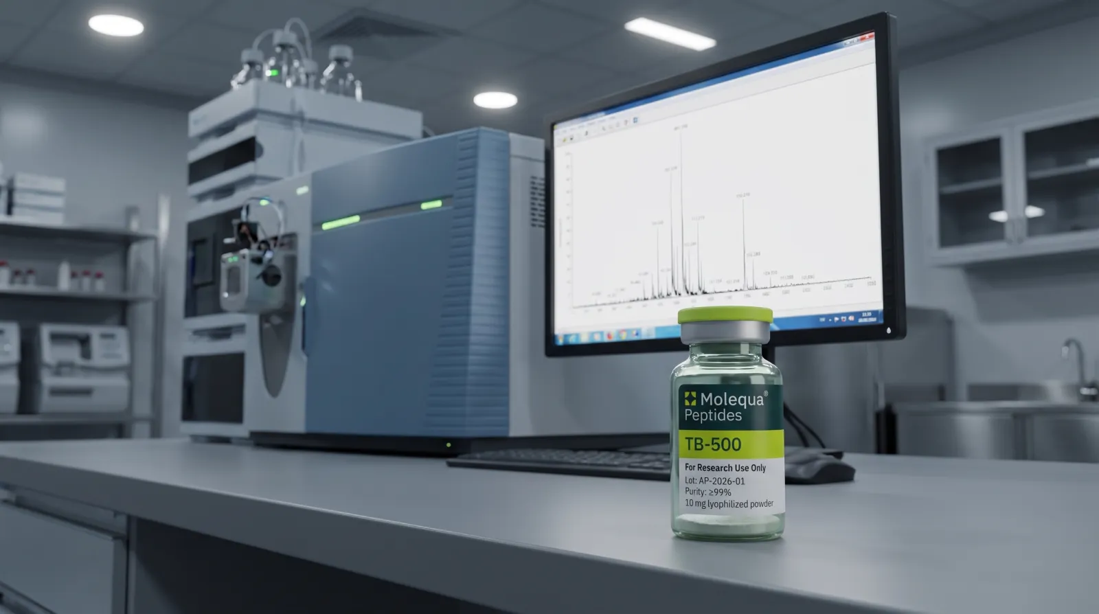 Mass spectrometry workstation in a research laboratory with a TB-500 peptide vial in focus