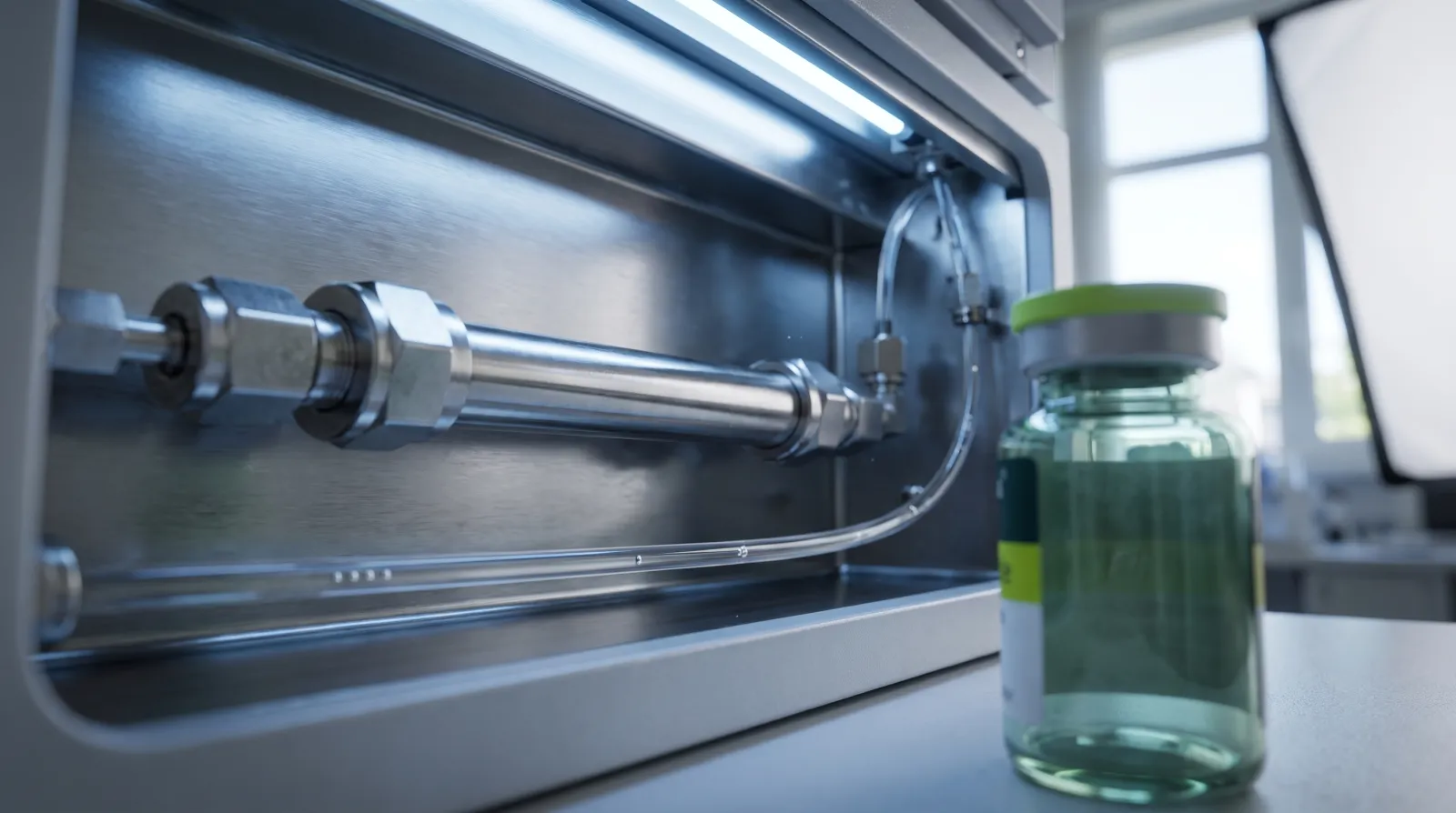Detalle macro de la columna de un sistema HPLC con un vial de tirzepatida de investigación de Molequa al borde del encuadre